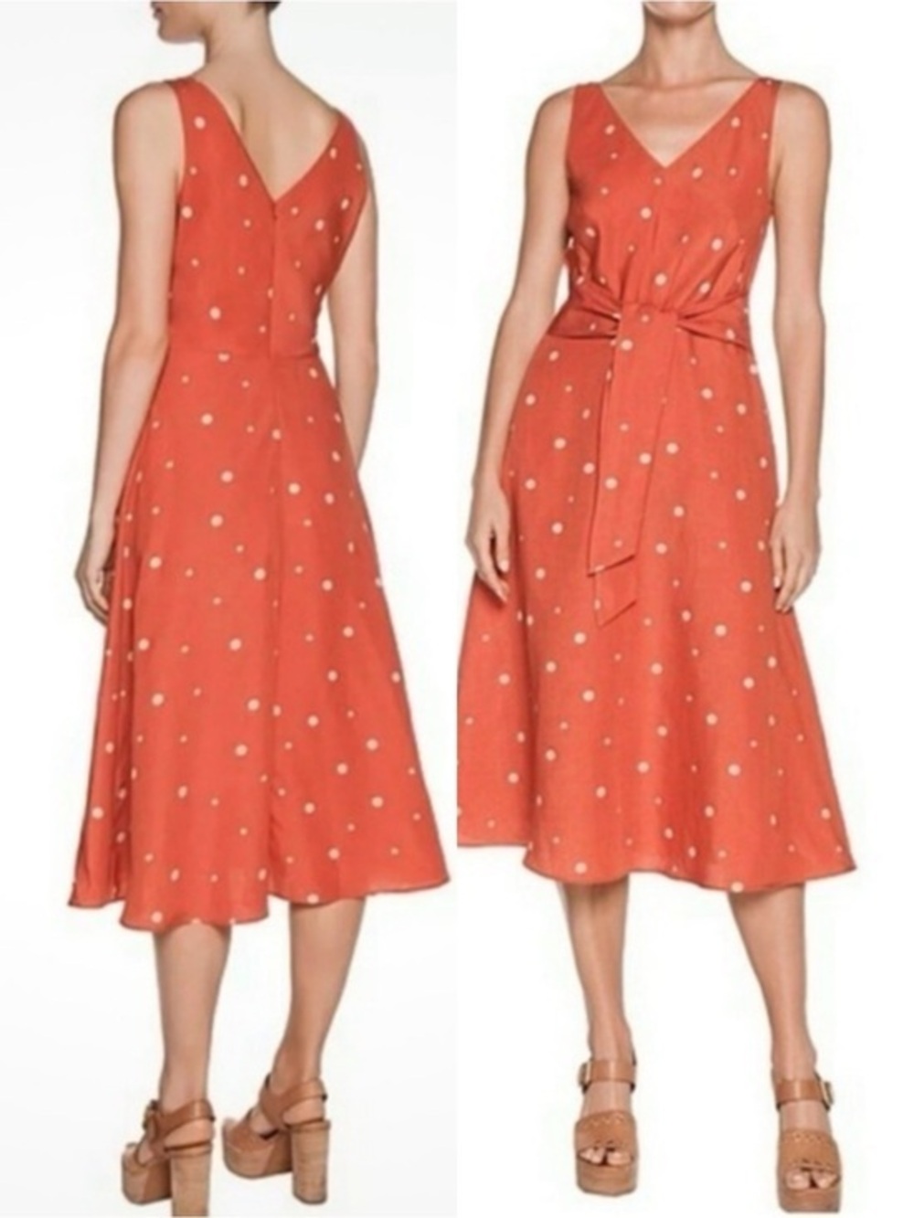 NWOT Veronika Maine Scattered Spot Tie Midi Waist Dress Terracotta Large Size 12